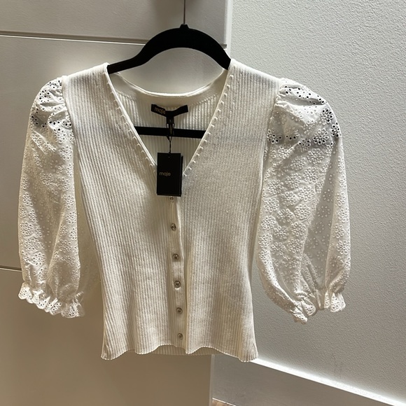 NWT Maje Mopline Mixed Media Eyelet Sleeve Top (Size 1) - Picture 3 of 4